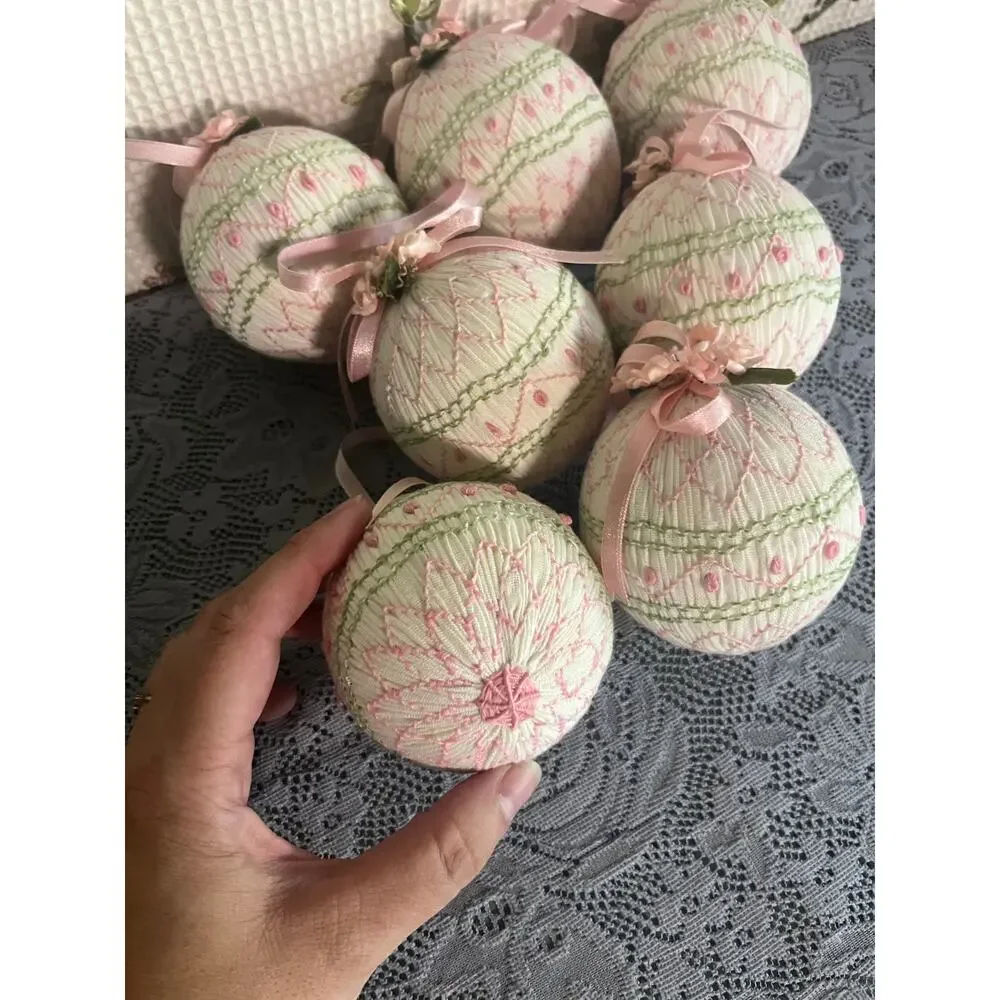 Handmade Smocked Satin Ball Ornaments Lot Pink Green Embroidery Ribbon Roses